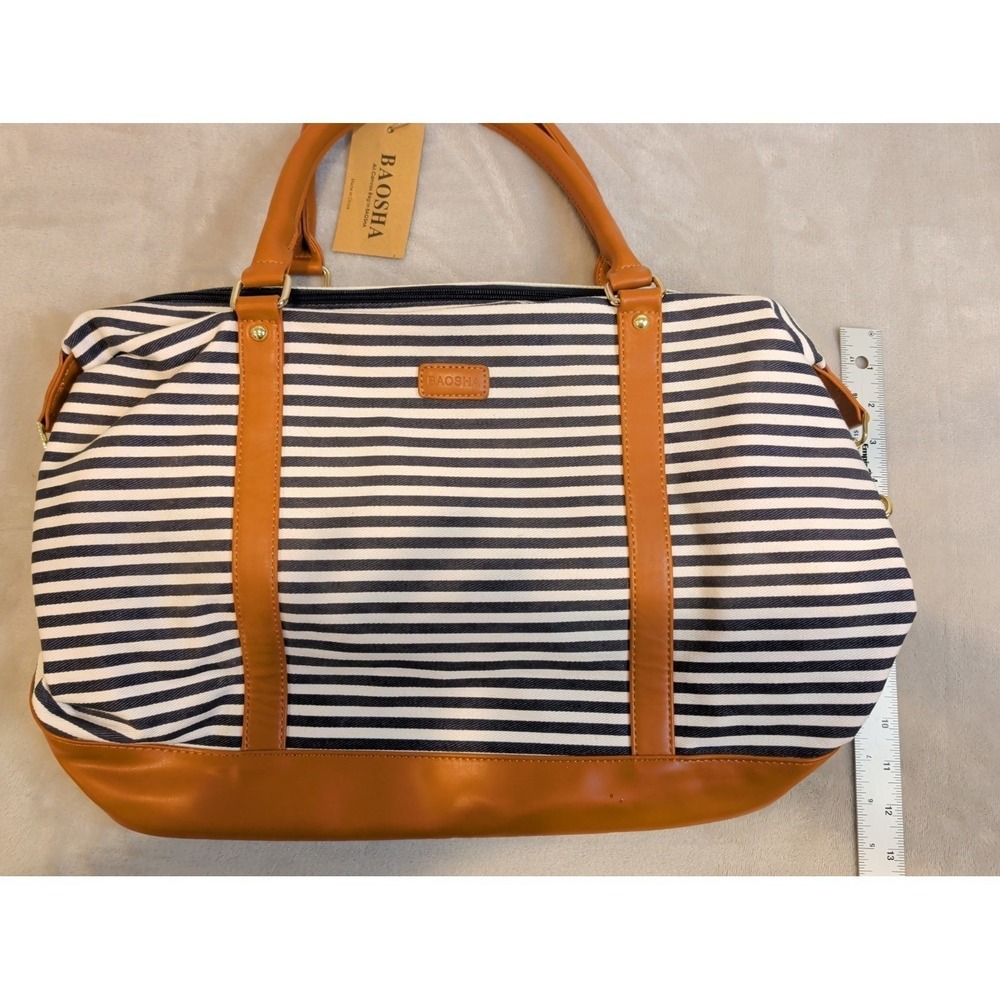 BAOSHA Striped Canvas Weekender Duffel Bag Brown Faux Leather Travel Tote - Picture 6 of 7
